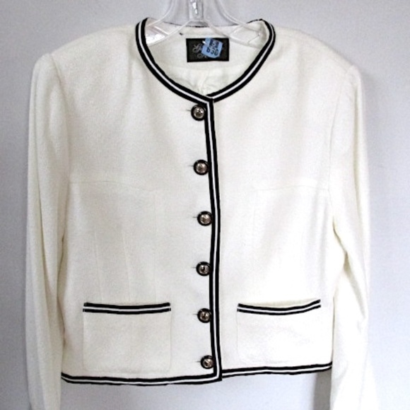 Ivory Cropped Jacket with Black Accents, Chanel-style, Size 8 - Picture 2 of 8